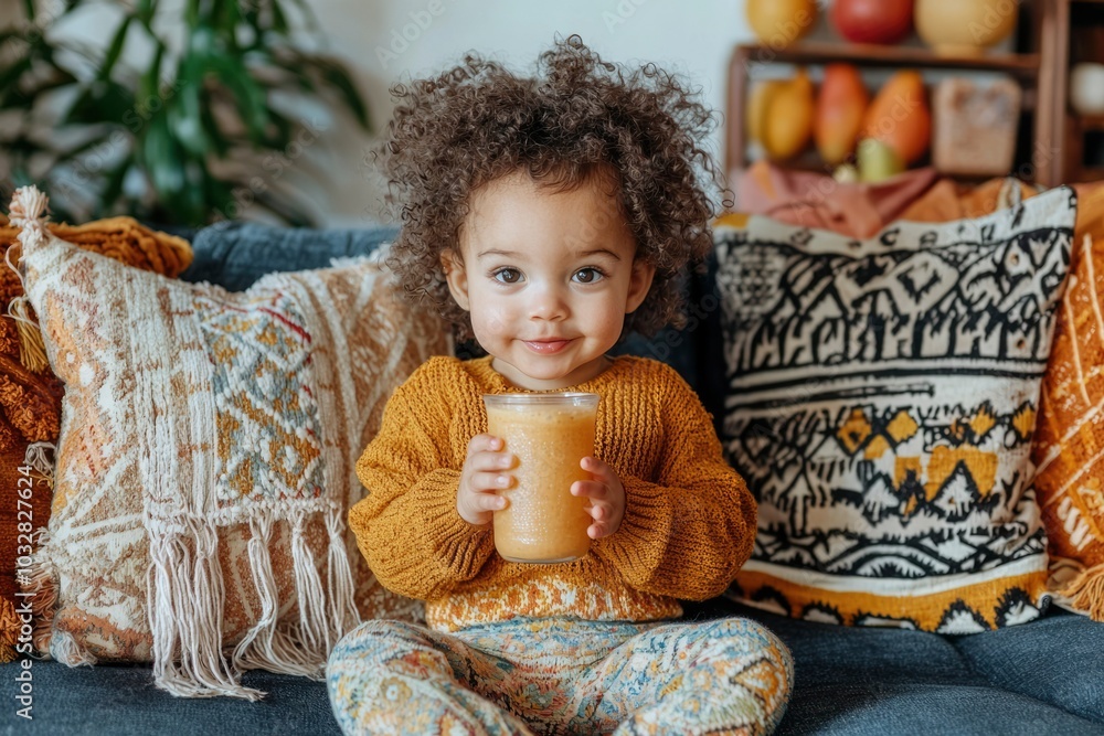 A Young Girl with Curly Hair Drinks from a Glass on a Couch A Young Girl with Curly Hair Drinks from a Glass on a Couch