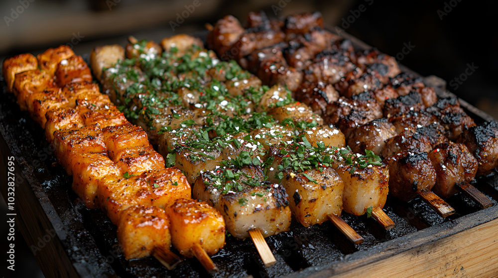 Grilled skewers of marinated meat and vegetables being prepared at a street food market during a summer evening Grilled skewers of marinated meat and vegetables being prepared at a street food market during a summer evening