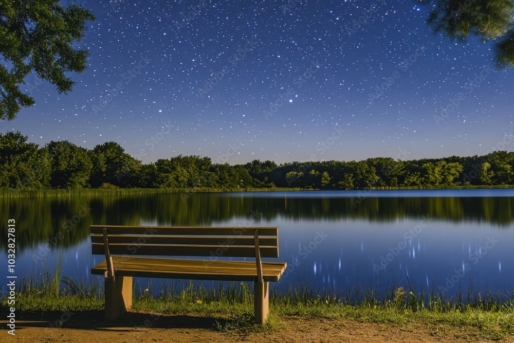 Obraz premium A Wooden Bench Beside a Still Lake Under a Starry Night Sky