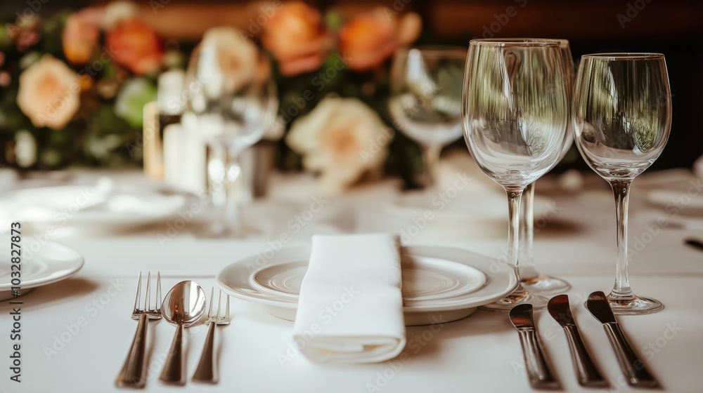 A beautifully arranged table with fine dining utensils, glasses, and floral decorations. A beautifully arranged table with fine dining utensils, glasses, and floral decorations.