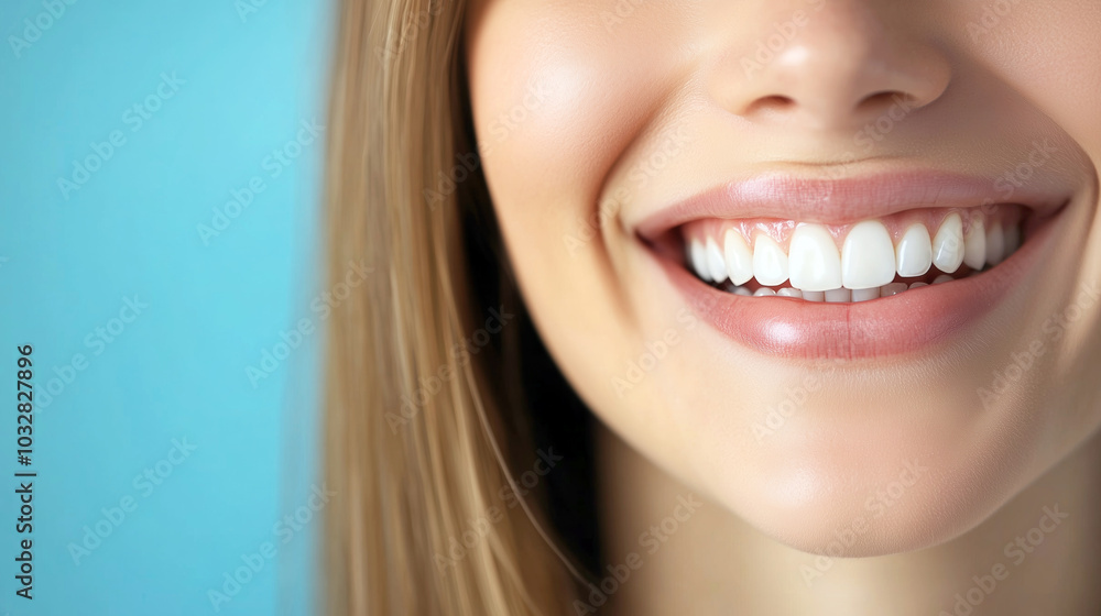 Close-up of smiling woman with perfect teeth on blue background Close-up of smiling woman with perfect teeth on blue background