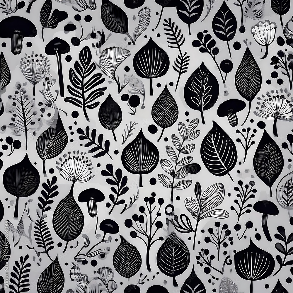 Autumn-inspired Scandinavian folk design featuring black and white seasonal symbols and nature elements. Generative AI Autumn-inspired Scandinavian folk design featuring black and white seasonal symbols and nature elements. Generative AI