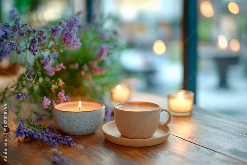 Cup of tea, candles and lavender on wooden table in cafe against window, morning in pleasant atmosphere, copy space Cup of tea, candles and lavender on wooden table in cafe against window, morning in pleasant atmosphere, copy space