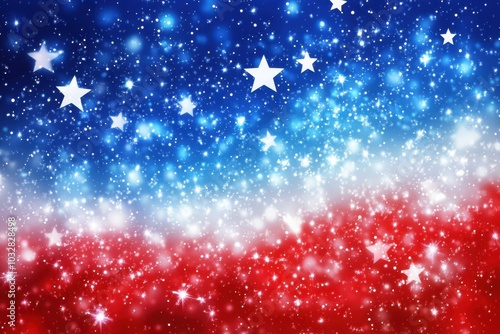 Red, white, and blue background with glittering stars and bokeh effect National Day with copy space area Generative AI photo