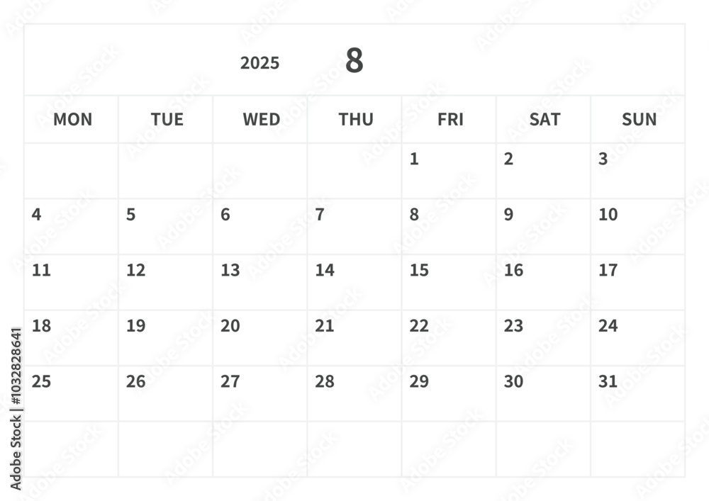 Simple calendar for August 2025, vector, template Simple calendar for August 2025, vector, template