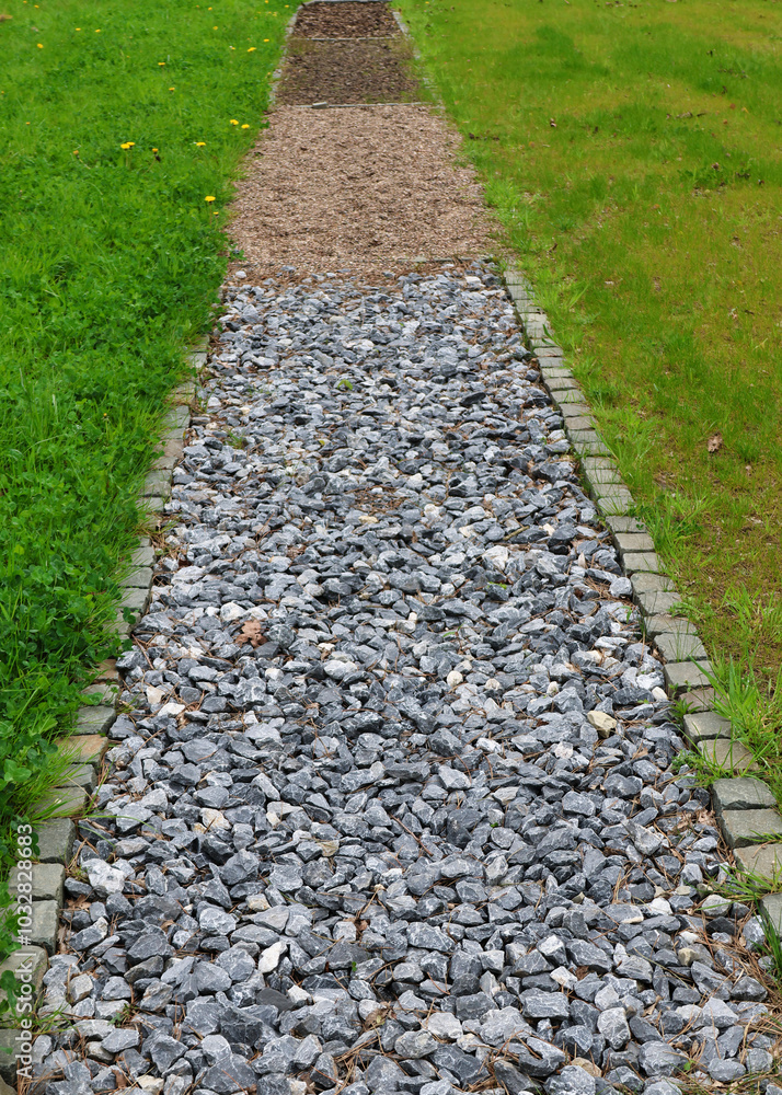 Gravel Pathway through Green Lawn in Garden Setting Gravel Pathway through Green Lawn in Garden Setting