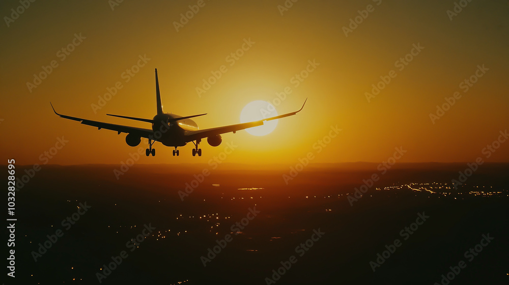 A passenger airplane with glowing windows and navigation lights is flying over the night city towards the setting sun, clear sky, a huge city glowing with night lights can be seen below. A passenger airplane with glowing windows and navigation lights is flying over the night city towards the setting sun, clear sky, a huge city glowing with night lights can be seen below.