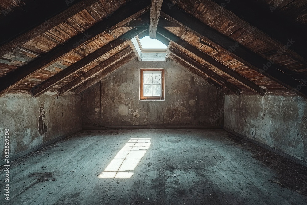 A Sunbeam Illuminates an Empty, Dusty Attic Room A Sunbeam Illuminates an Empty, Dusty Attic Room