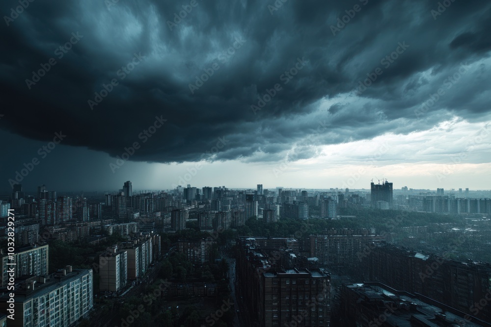 Fototapeta premium Dark Storm Clouds Over a Cityscape
