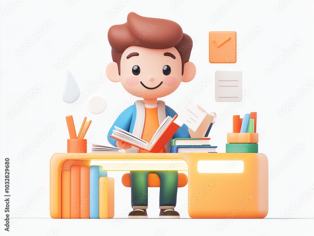 Image of cute cartoon boy studying at his desk. Image of cute cartoon boy studying at his desk.