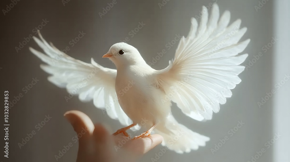 A white bird with outstretched wings perched on a hand, symbolizing peace and freedom. A white bird with outstretched wings perched on a hand, symbolizing peace and freedom.