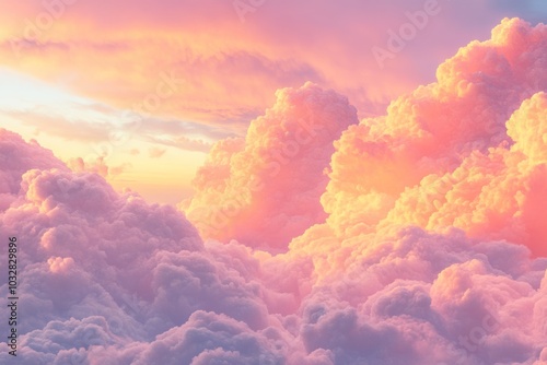 A breathtaking aerial view of fluffy clouds bathed in a warm, ethereal sunset light