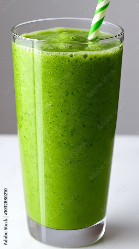 A refreshing green smoothie in a tall glass with a striped straw. A refreshing green smoothie in a tall glass with a striped straw.