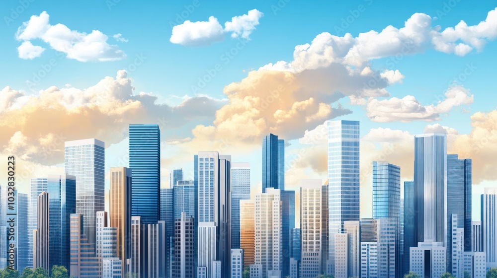 A vibrant city skyline under a blue sky with fluffy clouds. A vibrant city skyline under a blue sky with fluffy clouds.