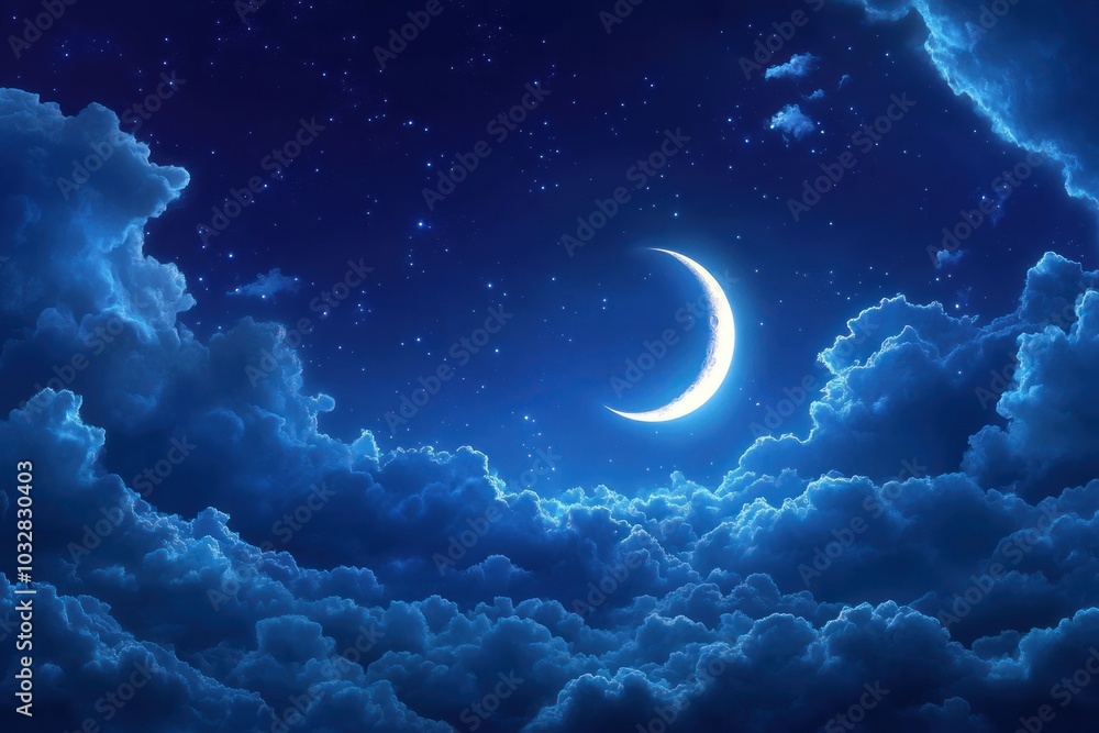 A crescent moon shines through a layer of clouds in a dark night sky. A crescent moon shines through a layer of clouds in a dark night sky.