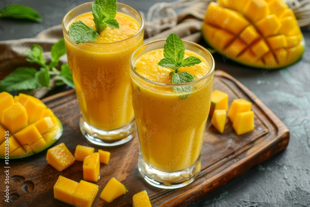 Close-up of mango smoothie and mint leaves on wooden table Close-up of mango smoothie and mint leaves on wooden table