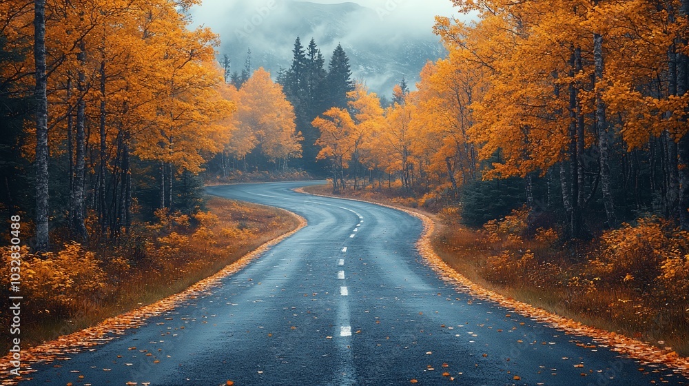 A winding road through a vibrant autumn forest, showcasing colorful foliage and misty mountains. A winding road through a vibrant autumn forest, showcasing colorful foliage and misty mountains.