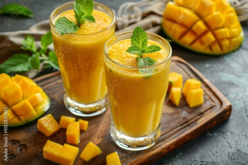 Close-up of mango smoothie and mint leaves on wooden table