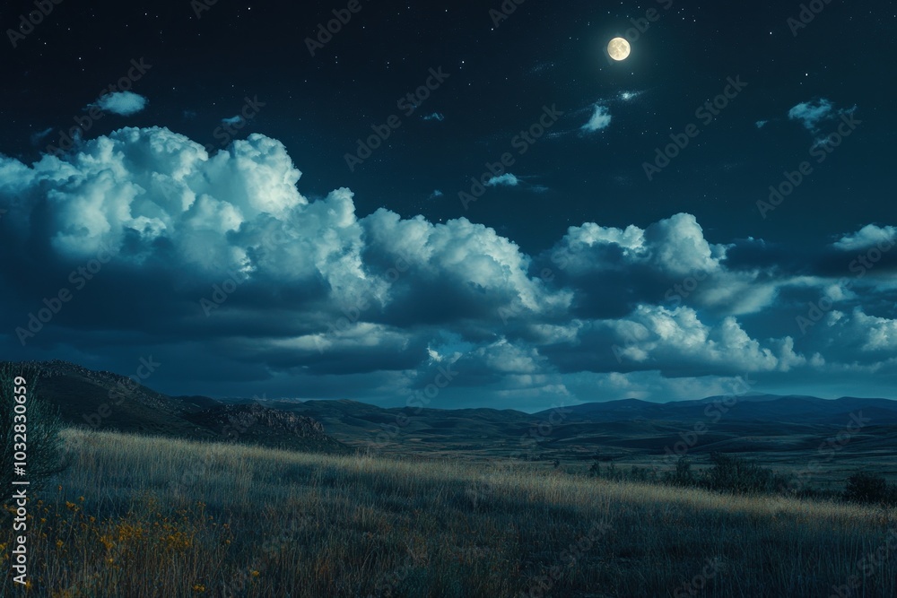 A Full Moon Shining Over a Rolling Field and Mountains at Night A Full Moon Shining Over a Rolling Field and Mountains at Night