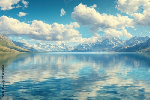 A Still Lake Reflecting a Snowy Mountain Range Under a Blue Sky