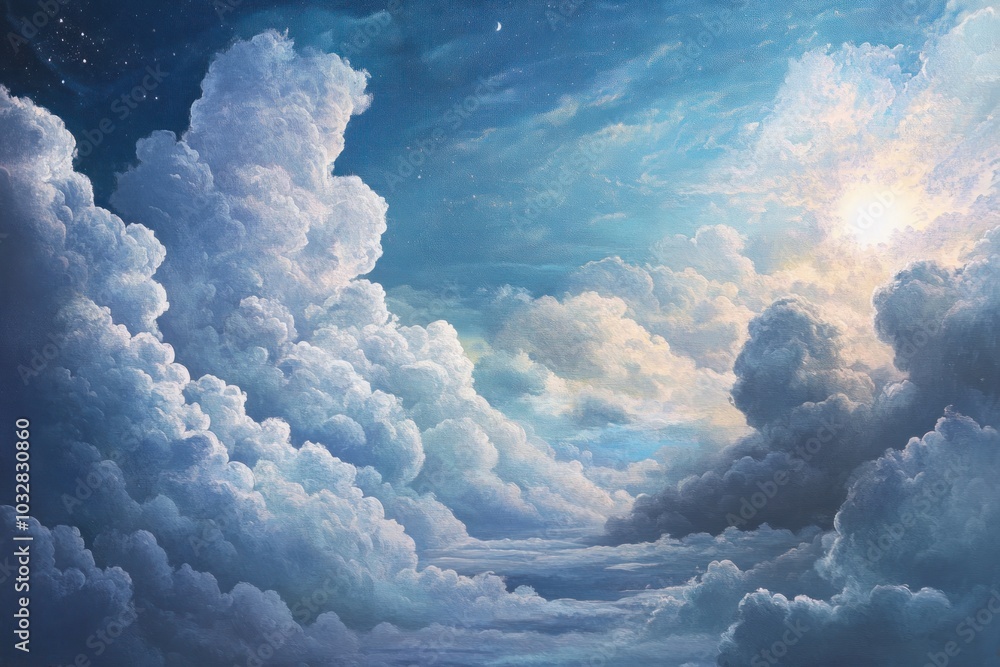 Naklejka premium A Whimsical, Dreamy Sky with Cumulus Clouds, Sunlight, and Stars