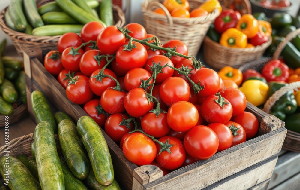 Harvested Tomatoes in a Wooden Crate Harvested Tomatoes in a Wooden Crate