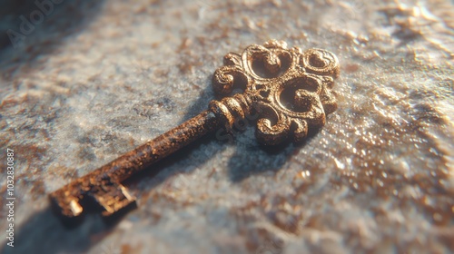 Vintage Antique Key with Ornate Design and Rusty Patina, Capturing Light Reflections - Ultra-Detailed Close-Up Photography