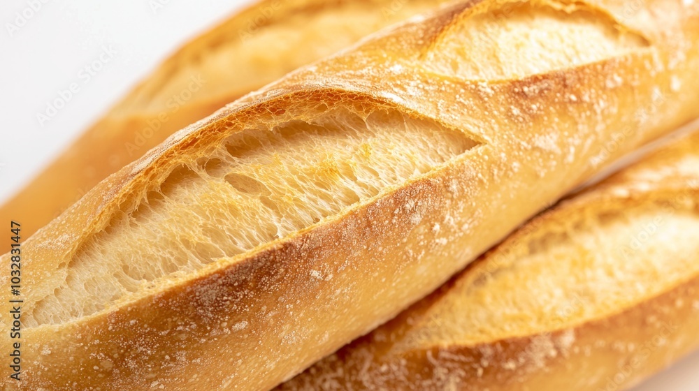 Crispy Baguette Close-Up Showing Fluffy Interior Texture - Freshly Baked French Bread with Detailed Crust Crispy Baguette Close-Up Showing Fluffy Interior Texture - Freshly Baked French Bread with Detailed Crust