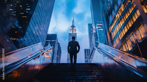 A businessman stands on a staircase, with a nighttime view of New York's skyscrapers behind him.  This image symbolizes success, ambition, and leadership in the business world.