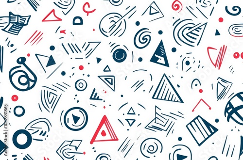 red and blue pattern featuring line drawings of various shapes and symbols, including circles, triangles, squares, wavy lines, and thick straight lines.