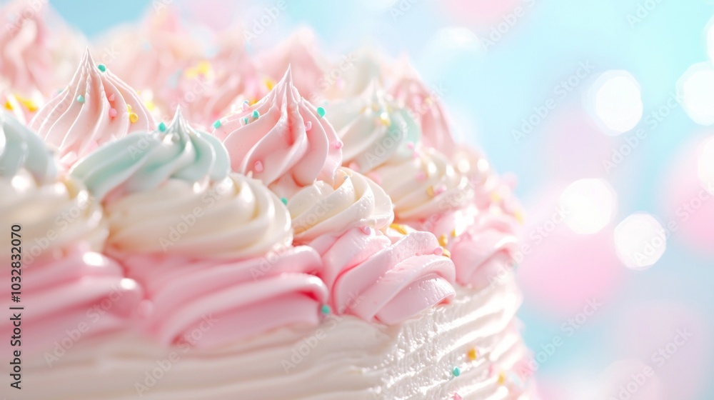 Vibrant and Detailed Close-Up of Ornate Frosted Birthday Cake with Colorful Decorations and Smooth Icing Vibrant and Detailed Close-Up of Ornate Frosted Birthday Cake with Colorful Decorations and Smooth Icing