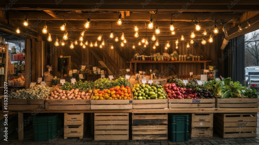 A vibrant market stall filled with fresh fruits and vegetables, illuminated by warm lights. A vibrant market stall filled with fresh fruits and vegetables, illuminated by warm lights.