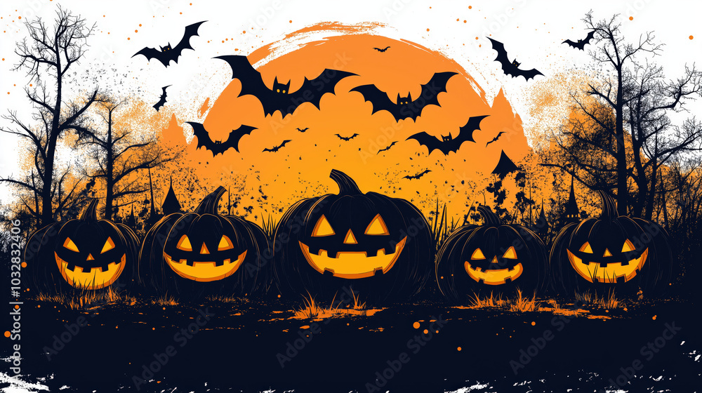A Whimsical Illustration of a Pumpkin Patch at Night, with Pumpkins Glowing from Within and Bat Silhouettes Flying Above, Symbolizing the Harvest and Spookiness of Halloween Against an Isolated White A Whimsical Illustration of a Pumpkin Patch at Night, with Pumpkins Glowing from Within and Bat Silhouettes Flying Above, Symbolizing the Harvest and Spookiness of Halloween Against an Isolated White