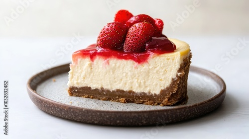 A piece of traditional classic cheesecake with strawberries on white background. Sweet fruit dessert