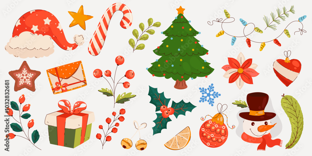 Christmas collection of elements in hand drawn modern style. Xmas decorations: Santa hat, Christmas tree, snowman, gift, branches, cookies. Christmas collection of elements in hand drawn modern style. Xmas decorations: Santa hat, Christmas tree, snowman, gift, branches, cookies.