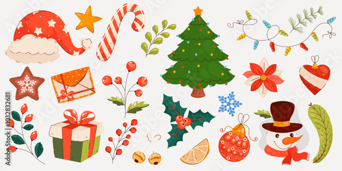 Christmas collection of elements in hand drawn modern style. Xmas decorations: Santa hat, Christmas tree, snowman, gift, branches, cookies. 