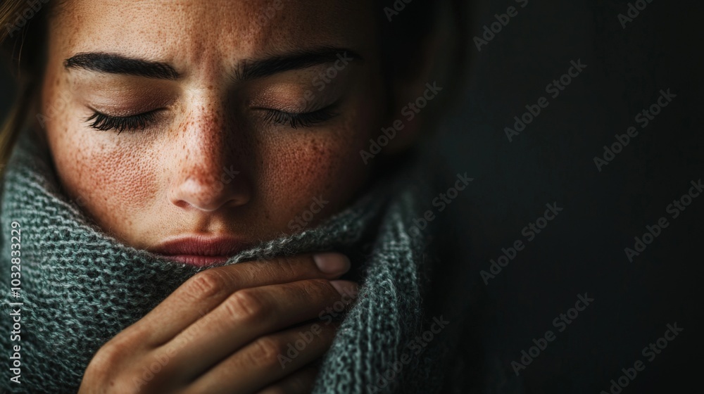 A thoughtful young woman wraps herself in a cozy scarf, eyes closed, conveying a sense of warmth and introspection against a dark background. A thoughtful young woman wraps herself in a cozy scarf, eyes closed, conveying a sense of warmth and introspection against a dark background.