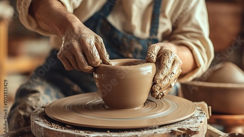 Closeup of a potter's hands shaping a clay pot on a pottery wheel.