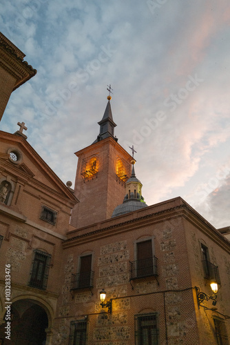 Church of Saint Genesius tower illuminated at dusk in Madrid, Spain - Portrait