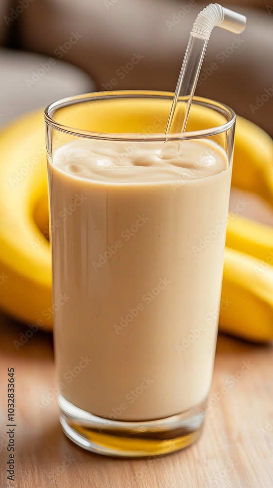 A refreshing glass of banana smoothie with a straw, perfect for a healthy and delicious snack. A refreshing glass of banana smoothie with a straw, perfect for a healthy and delicious snack.