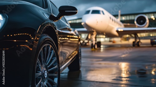 A luxury car parked near a private jet at an airport during twilight.