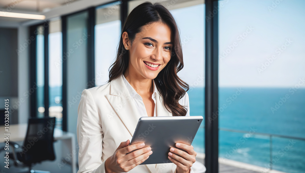 Portrait of beautiful elegant brunette businesswoman holding tablet, working in office with smile, business people