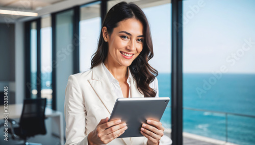 Portrait of beautiful elegant brunette businesswoman holding tablet, working in office with smile, business people 