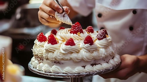 A pastry chef decorates a cake with whipped cream and raspberries.