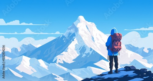 Adventurous hiker with a backpack and gear standing triumphantly atop snow-capped mountains, gazing over vast landscapes of forests and distant peaks