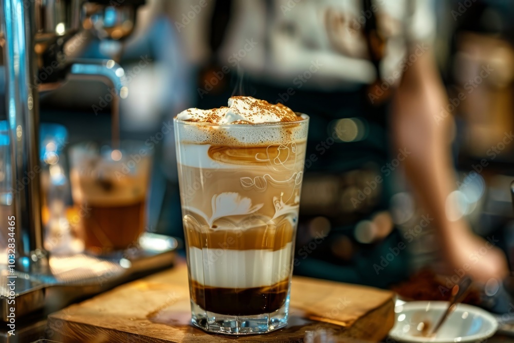 Latte macchiato with whipped cream and cinnamon served in a tall glass.