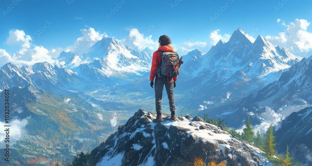 Hiker with a backpack standing on a mountain summit, surrounded by majestic snowy peaks and a clear blue sky. Hiker with a backpack standing on a mountain summit, surrounded by majestic snowy peaks and a clear blue sky.