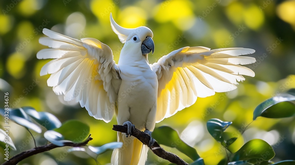 A white cockatoo with yellow crest and wings spreads its wings while perched on a branch with green foliage in the background. A white cockatoo with yellow crest and wings spreads its wings while perched on a branch with green foliage in the background.