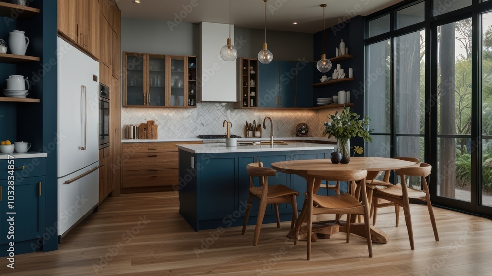 Modern kitchen with blue cabinets, a large island, and a round dining table. Modern kitchen with blue cabinets, a large island, and a round dining table.