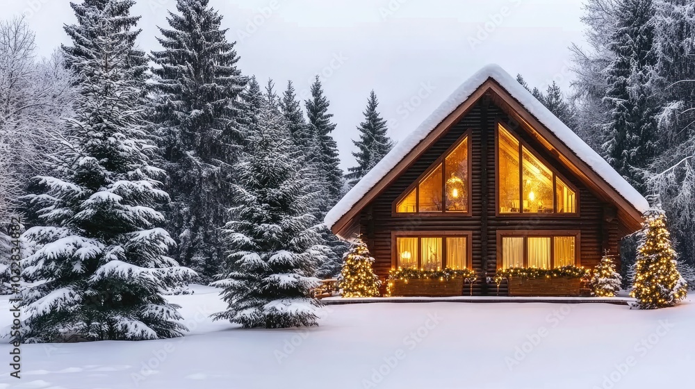Nestled in the snowy woods, the cozy cabin glows with warm lights as dusk settles. A small Christmas tree adds festive charm among the snow-covered trees Nestled in the snowy woods, the cozy cabin glows with warm lights as dusk settles. A small Christmas tree adds festive charm among the snow-covered trees